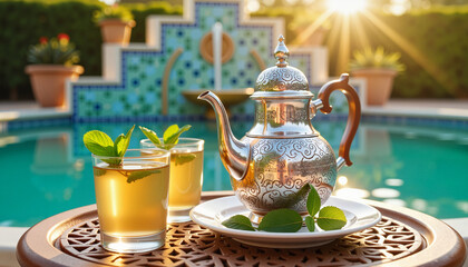 Traditionally styled Moroccan teapot with mint tea at sunset, cultural richness
