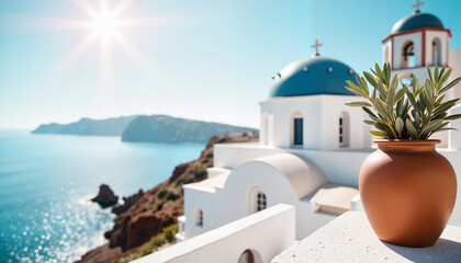 Greek church overlooking the sea with olive vase, serene beauty