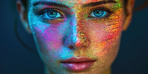 A woman with a colorful face painted on her. The colors are bright and vibrant, giving the impression of a fun and playful atmosphere