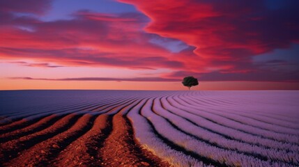 Naklejka premium Landscape of a tranquil field at sunset with vibrant skies and a solitary tree stands against the horizon