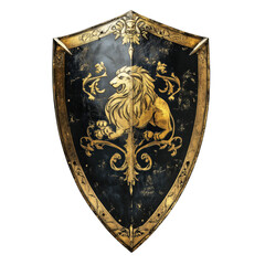 Medieval knight's shield with an ornate lion emblem, gold detailing, and a weathered finish, isolated on a transparent background. Perfect for fantasy and historical themes.