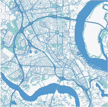 Map of North Charleston in South Carolina in a professional blue style. Contains layered vector with roads water, parks, etc.