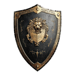 Medieval knight's shield with an ornate lion emblem, gold detailing, and a weathered finish, isolated on a transparent background. Perfect for fantasy and historical themes.