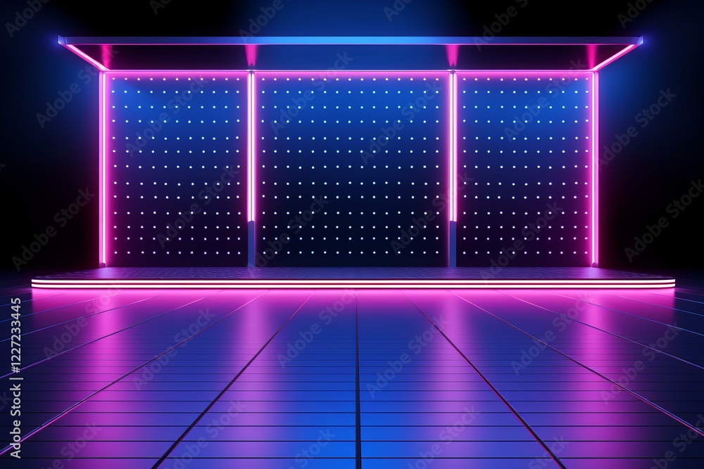 Poster empty futuristic stage setting illuminated by vibrant neon lights, creating a modern and stylish atm