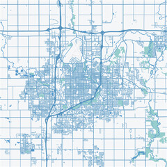 Map of Sioux Falls in South Dakota in a professional blue style. Contains layered vector with roads water, parks, etc.