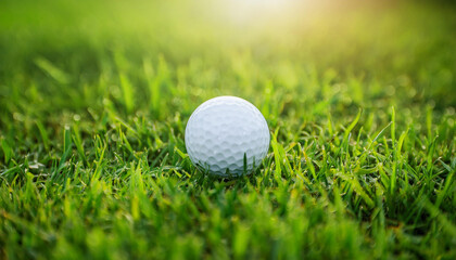 White golf ball on grass, green field. Golf club, professional competition and sport concept.