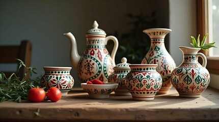 A vibrant display of traditional Romanian hand-painted ceramics, showcasing intricate floral designs and rich colors on plates, bowls, and pitchers