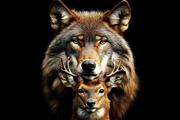 Obraz premium Wolf and Deer on Black Unveiling the Balance of Hunter and Hunted in Nature s Theater