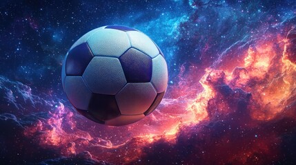 Fototapeta premium Soccer Ball Floating in Cosmic Space with Colorful Nebula Background