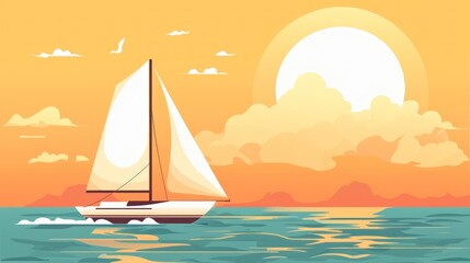 Naklejka premium Calm Sunset with Sailboat on Tranquil Ocean Waters in Vibrant Colors