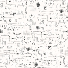 Abstract trendy creative universal seamless pattern, engineering diagram, Hand drawn hatchings design, sketch,  artisan, organic, manual art, neutral palette. Vector illustration.