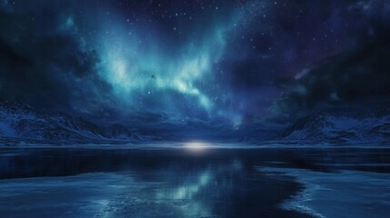Naklejka premium Arctic Night Sky Aurora Borealis Over Frozen Lake Mountains