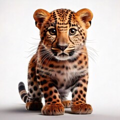 Obraz premium Adorable leopard cub sitting and looking forward on white background