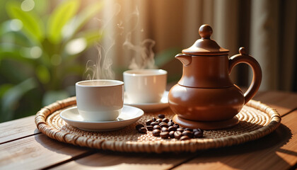 Traditional Ethiopian coffee ceremony with steaming cups, cultural warmth