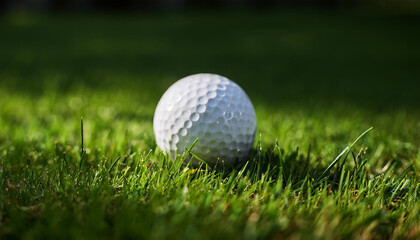 White golf ball on grass, green field. Golf club, professional competition and sport concept.