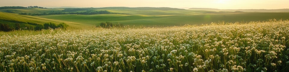 Fototapeta premium Vast field of blossoming wildflowers at sunrise with rolling green hills in background