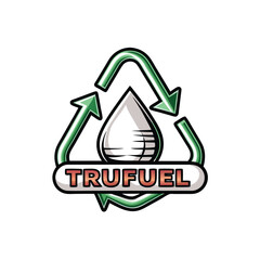 Create a stylized illustration of a single fuel droplet incorporating recycling arrows, emphasizing eco-friendly biofuel.  The style should be clean and modern.