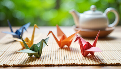Colorful origami cranes on bamboo mat with tea set, artistic symbolism