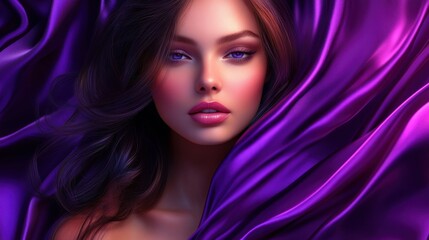 Fototapeta premium Portrait of a Beautiful Woman Surrounded by Luxurious Purple Silk Fabric in Soft Lighting