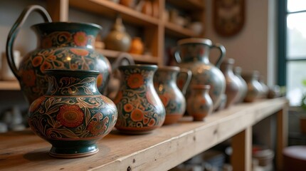 A vibrant display of traditional Romanian hand-painted ceramics, showcasing intricate floral designs and rich colors on plates, bowls, and pitchers