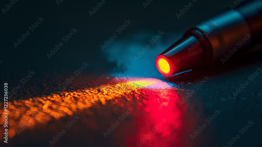 Poster red laser beam from a laser pointer on a wet surface. the laser beam is reflected on the surface of 