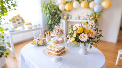 charming baby shower setup featuring beautiful cake, floral arrangements, and delightful treats in soft yellow and grey tones