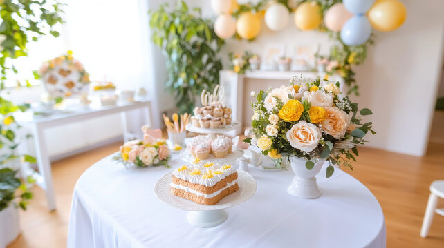 charming baby shower setup featuring beautiful cake, floral arrangements, and delightful treats in soft yellow and grey tones