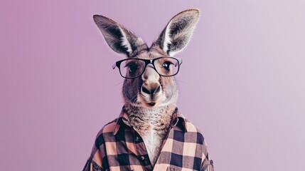 A kangaroo wearing a plaid shirt and glasses looks like a real person. It is standing on a pink background and looking at the camera.