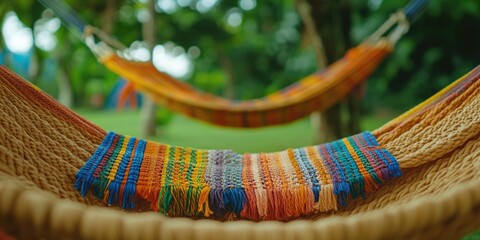 A colorful hammock with a striped blanket on it. The hammock is hanging between two trees