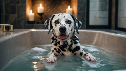 Dalmatian dog relaxing in a bathtub with candles. A luxurious spa 