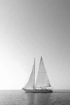 an inspiring minimalistic photo of a racing sailboat with billowing sails, long shadows, sharp highlights 