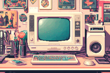 Vintage computer setup showcasing retro technology, nostalgic art, and colorful decor in a creative workspace
