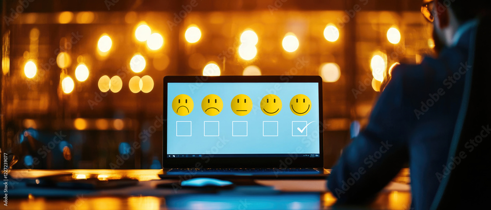 Poster customer satisfaction survey insights modern office digital interaction warm lighting user perspecti