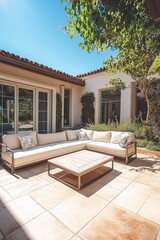 Patio with couch and coffee table