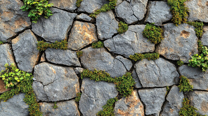 Obraz premium Stone wall with green moss, ideal for backgrounds or textures