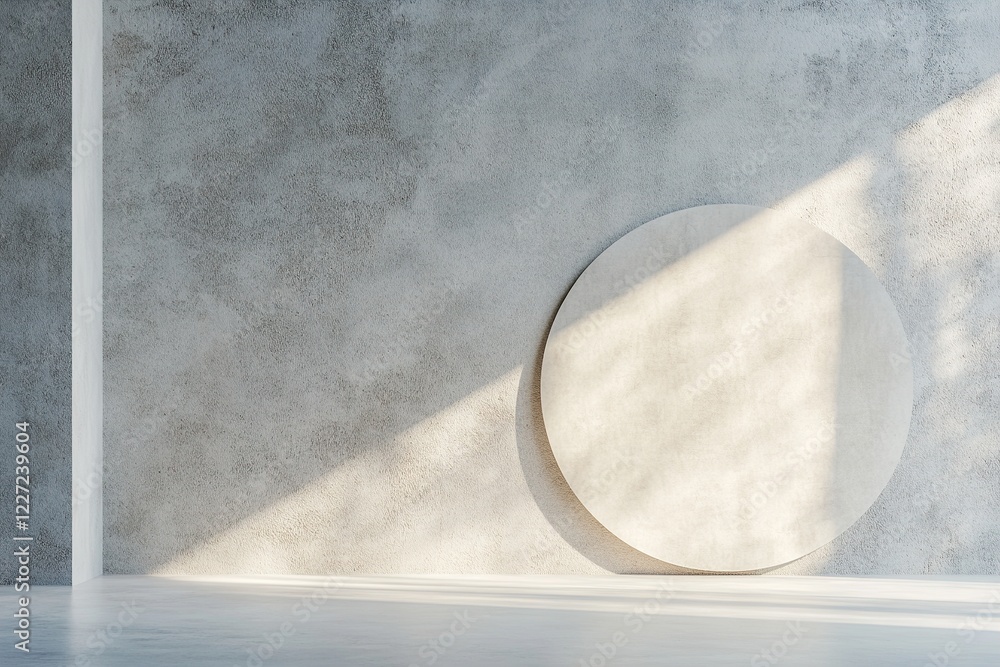 Poster a rough concrete wall is softly illuminated, revealing its texture and shadows. a large circular sha