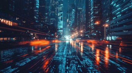 Obraz premium Futuristic Cityscape Night Street Digital Data Streams
