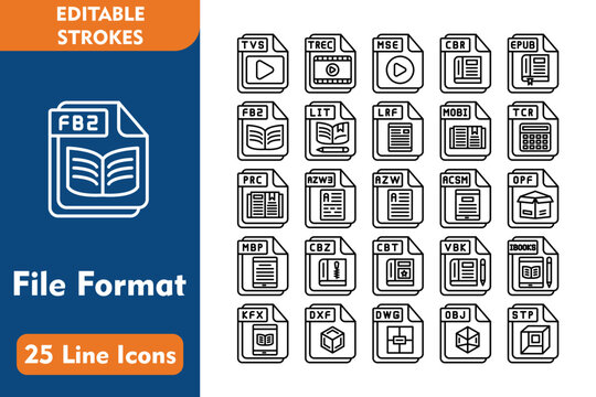25 File Format Line Icons Design