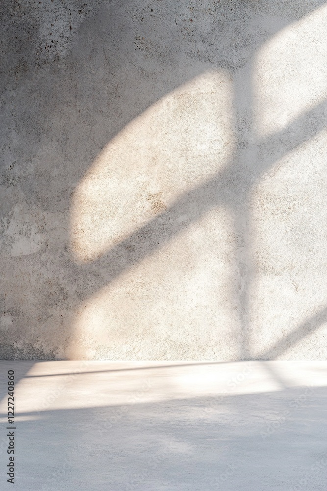 Poster soft light filters through, illuminating a rough concrete wall. shadows form interesting patterns on