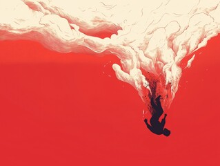 A man trying to overcome negative states, stress, anxiety, self doubt. Illustration of drowning man