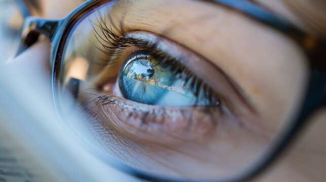 Close-up of a woman's eye wearing glasses. The eye is looking up and to the left. The reflection of a tree-lined road is visible in the glasses.