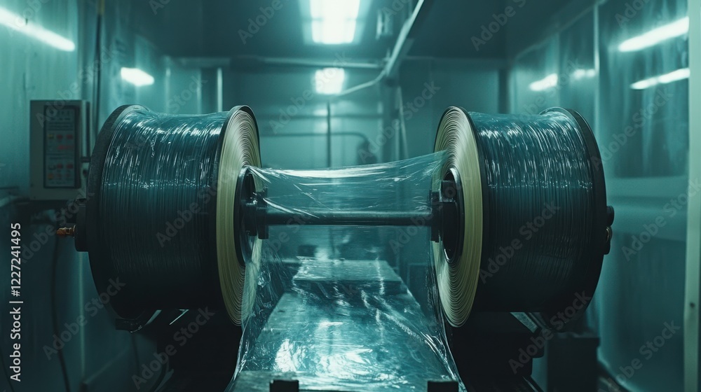 Poster a dimly lit industrial space features two large spools of material, with plastic wrapping stretched 