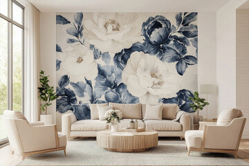Elegant living room with floral wall mural and modern furniture design