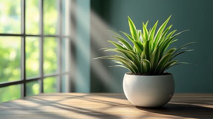 Subtle plant in a white ceramic pot on a minimalist table with clean lines and natural light