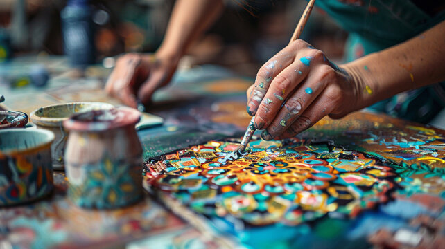 A DIY enthusiast hand-painting ceramic tiles for a mosaic project, with vibrant colors and intricate designs on display.