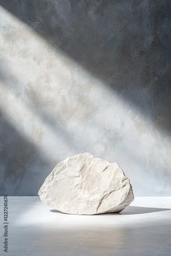Aufkleber a natural rock rests on a flat surface in front of a rough concrete wall. soft light filters through