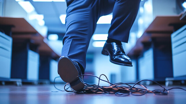Clumsy office worker stumbles over cable and falls to the floor, illustrating the concept of workplace accidents and the need for insurance compensation coverage in the office environment