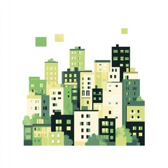An illustration of a green city skyline with various buildings