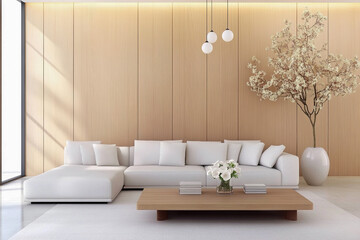 Modern living room featuring white furniture and wooden accents in a bright, open space