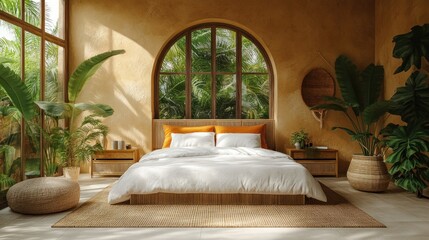 Tropical bedroom, sunlight, plants, calm, interior design